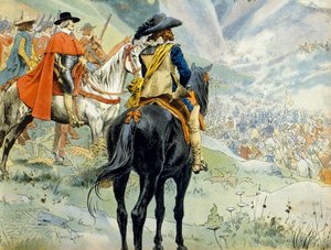 War of the Succession of Mantua (1628-1631) during the Thirty-Year War. The Battle of the Pas de Suze representing King Louis XIII and Cardinal Richelieu by Maurice Leloir
