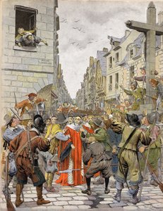 La Fronde: Journees des Barricades (August 1648): At the cross of Trahoir (at the corner of Saint Honore streets and of the Dry Arbre in Paris), the crowd demands that Mathieu Mole, first Speaker of Parliament, go to the Palais R by Maurice Leloir