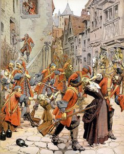 Les Dragonnades: dispersal of a Protestant family by the troops of dragons charged with converting Protestants