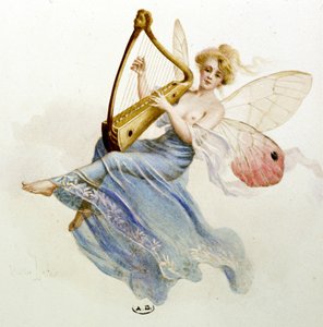 Music: fairy playing the harp. In 
