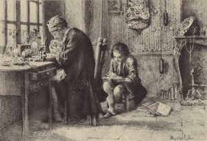 The Young Jean-Jacques Rousseau Reading While His Father Works (engraving) by Maurice Leloir