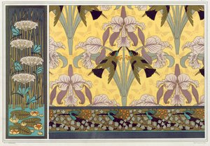 Design for Wallpaper Border, Fabric and Panel: "Dragonflies; Waterlilies and Flowering Rush", Humming Birds and Orchids and Humming Birds and Maiden Hair Fern from 