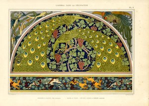 Peacock and Hare Motifs as Decorative Art Nouveau Composition