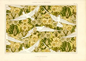 Textile Pattern with White Doves and Lilies