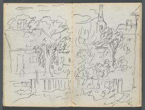 Sketchbook, The Dells, No. 127, page 084 & 85: Landscape with Houses and Spire by Maurice Prendergast