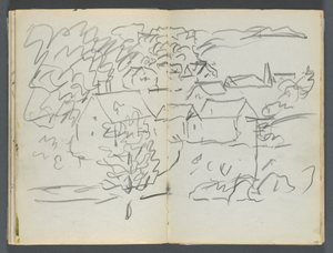 Sketchbook, The Dells, No. 127, page 108 & 109: Landscape with Houses by Maurice Prendergast