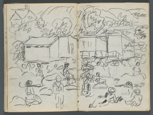 Sketchbook, The Dells, No. 127, page 114 & 115: Landscape with Figures and Buildings