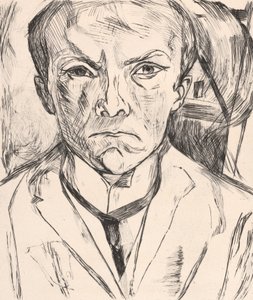 Frontal Self-Portrait with House Gable in Background by Max Beckmann