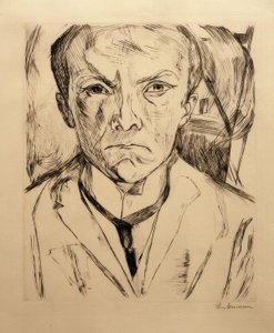 Self-Portrait from the Front, House Gable in the Background by Max Beckmann