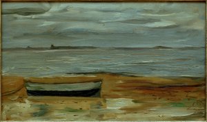 Beach with Gray Boat and Gray Sea by Max Beckmann
