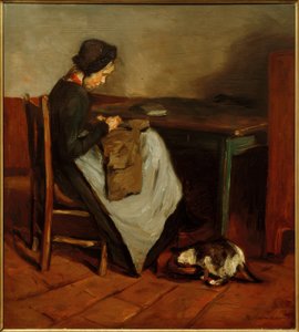 Sewing Girl with Cat - Dutch Interior by Max Liebermann