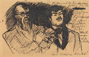 Three Lenbach Caricatures: a) Bust (sketchy); b) Full Figure; c) Together with Stuck