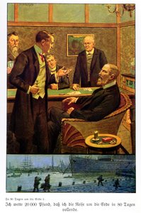 Phileas Fogg takes the bet at the Reform Club that he can travel round the world in 80 days, illustration from an edition published in Berlin by Max Wulff
