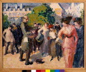 Street Scene. A beggar with a hurdy-gurdy plays in a garden in Paris. Painting by Maximilien Luce by Maximilien Luce