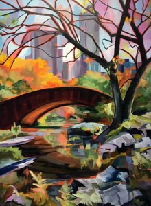 Vibrant Autumn Park Bridge by Maxine Shore