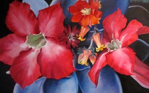 Vibrant Red Blue Flowers by Maxine Shore