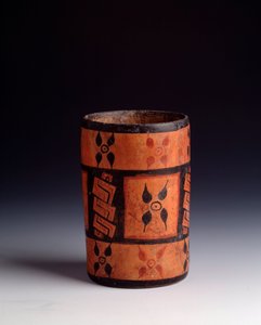 Polychrome Cylindrical Clay Vase with Flowers from Tikal