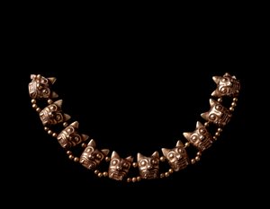 Pre-Columbian Art, Maya Civilization, Postclassical Period: Gold Necklace Composed of Elements in the Shape of Jaguar Heads. 600-1100 AD from Iximche, Chimaltenango, Guatemala