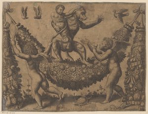 Putti Mocking a Monkey (Tapestries of the Pope, series title) by Meester van de Dobbelsteen