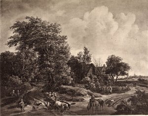 Farm at the Edge of a Wood, with a Wagon and Horses by Meindert Hobbema