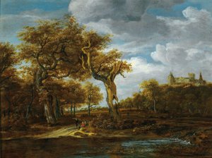 Wooded Landscape with Two Large Oaks and a View of Bentheim Castle by Meindert Hobbema