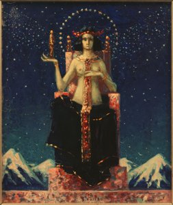 Allegorical Female Figure before Himalayan Night Landscape