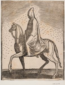 Cloak- and hat-wearing rider, profile towards the left; under his mantle, a sword can be glimpsed