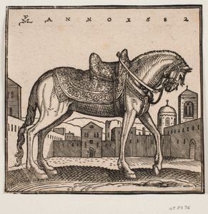 Elegant Saddled Horse, Profile to the Right, on a Rectangular Square