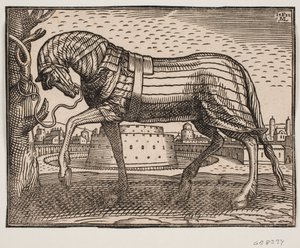 Horse Covered with Caparison, Profile to the Left, Tethered to a Tree; in the Background a Town with a Conical Castle in a Circular Moat