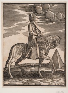 Rider with a Flask Around His Neck, Profile Towards the Right; a Sword at His Right Side and Baggage in Front of Him, Draped Across the Saddle; to the Right, in the Background, a Pyramid