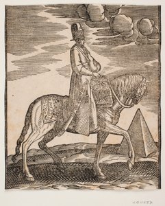 Rider with a Flask Around His Neck, Profile Towards the Right; a Sword at His Right Side and Baggage in Front of Him, Draped Across the Saddle; to the Right, in the Background, a Pyramid