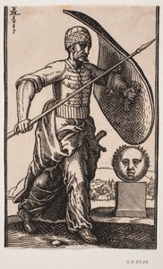 Soldier Walking to the Right; on the Left Arm a Curved Shield, in the Right Hand a Spear; to the Right a Pedestal with a Spherical, Frontal Head; in the Distance Behind the Head a City by the Water by Melchior Lorck
