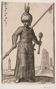 Standing Soldier, Seen from the Front; in His Right Hand, a Lance with a Pennant on the Tip; in His Left Hand, a Club; on His Head, a Turban with Two Feathers; in the Landscape, a 