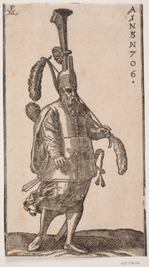 Standing Soldier, Turned to the Right; Headdress with Very High Upright Plume; in the Left Hand, a Bow with Large Feathers on Both Ends; in the Right Hand, an Arrow; on His Back, a Quiver and at His Side, a Sword
