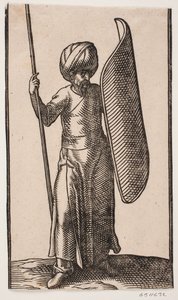 Standing Turban-Clad Soldier, Viewed from the Front; In His Right Hand, a Spear; On His Left Arm, a Curved Shield