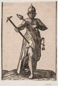 Standing Helmeted Soldier, Front View; in Right Hand a War Hammer, in Left Hand a Club, Rear Leg and Foot Twisted in Relation to the Front; at Left Side a Sword