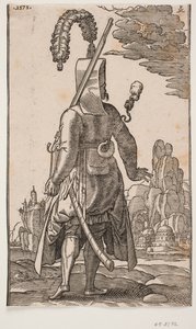 Standing Janissary Seen from Behind, Feathered Headgear, Rifle on Left Shoulder by Melchior Lorck