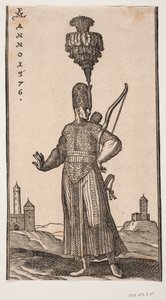 Standing Soldier, Front View, Head Turned to the Right; He Carries a Bow Over His Left Arm, a Quiver on His Back, and a Sword at His Left Side; He Coyly Stretches His Right Arm Backwards; in the Background to the Right and Left Two Fortress-Like Buildings