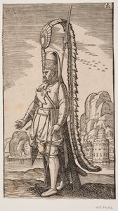 Standing Soldier by a Rocky Coast, Beyond the Water a City; His Headgear Adorned with an Extremely Long Feather Decoration