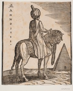 Turbaned, Unarmed Rider Seen from Behind; Pyramid in the Background