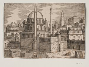 Unidentified Mosque with Two Minarets, Viewed from the Northeast; Construction Site with Stacked Building Stones in the Foreground by Melchior Lorck