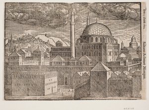 Unidentified Mosque with Two Minarets, Seen from Southeast; Mountain with Fortified City on the Left by Melchior Lorck
