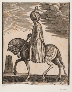Unarmed Turban-Clad Rider, Profile Towards the Left; in Front of the Horse, an Obelisk in Ruins