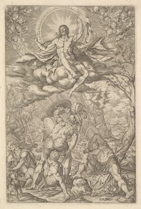 Resurrection of Christ, Encompassed by an Aureole and Clouds with Lines of Winged Putti, 1577 by Melchior Meier
