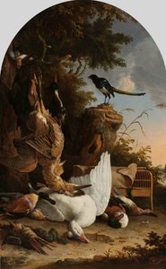 A Hunter’s Bag near a Tree Stump with a Magpie, Known as ‘The Contemplative Magpie’ by Melchior d