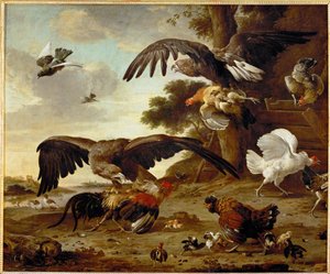 Eagles Attacking Chickens by Melchior de (manner of) Hondecoeter