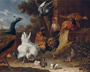 A Cockerel, Hens, Chicks, a Partridge, Pheasants, a Peacock and a Pigeon by a Wall in the Park of a Mansion