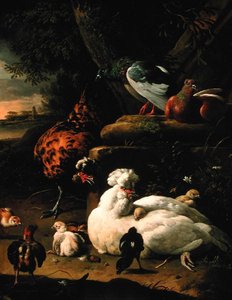 A Hen with Chicks, a Rooster and Pigeons in a Landscape
