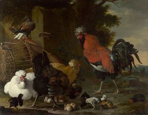 A Cock, Hens and Chicks. Painting by Melchior de Hondecoeter, ca 1668-1670