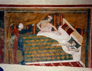 Scene of conjugal life in the Middle Ages. A man joins his wife sleeping naked in bed. (detail)